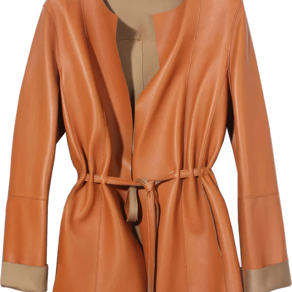 Womenâ€™s Orange Genuine Sheepskin Round Neck Casual European Streetwear Top Fashion Pleated Simple Classic Leather Coat