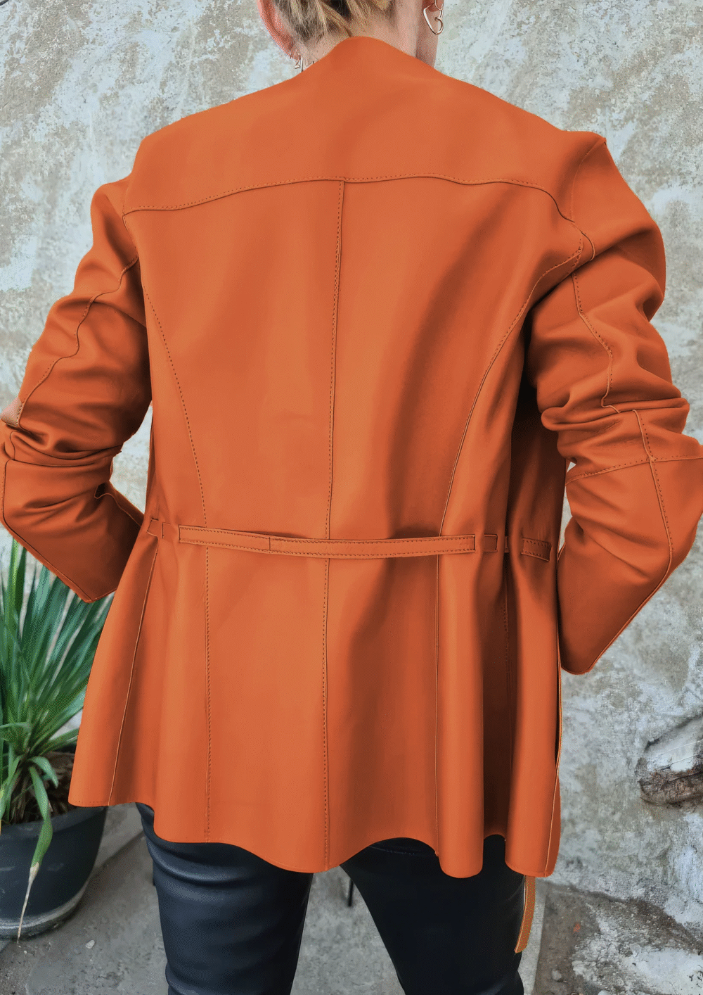 Womenâ€™s Orange Genuine Sheepskin Round Neck Casual European Streetwear Top Fashion Pleated Simple Classic Leather Coat - Image 2