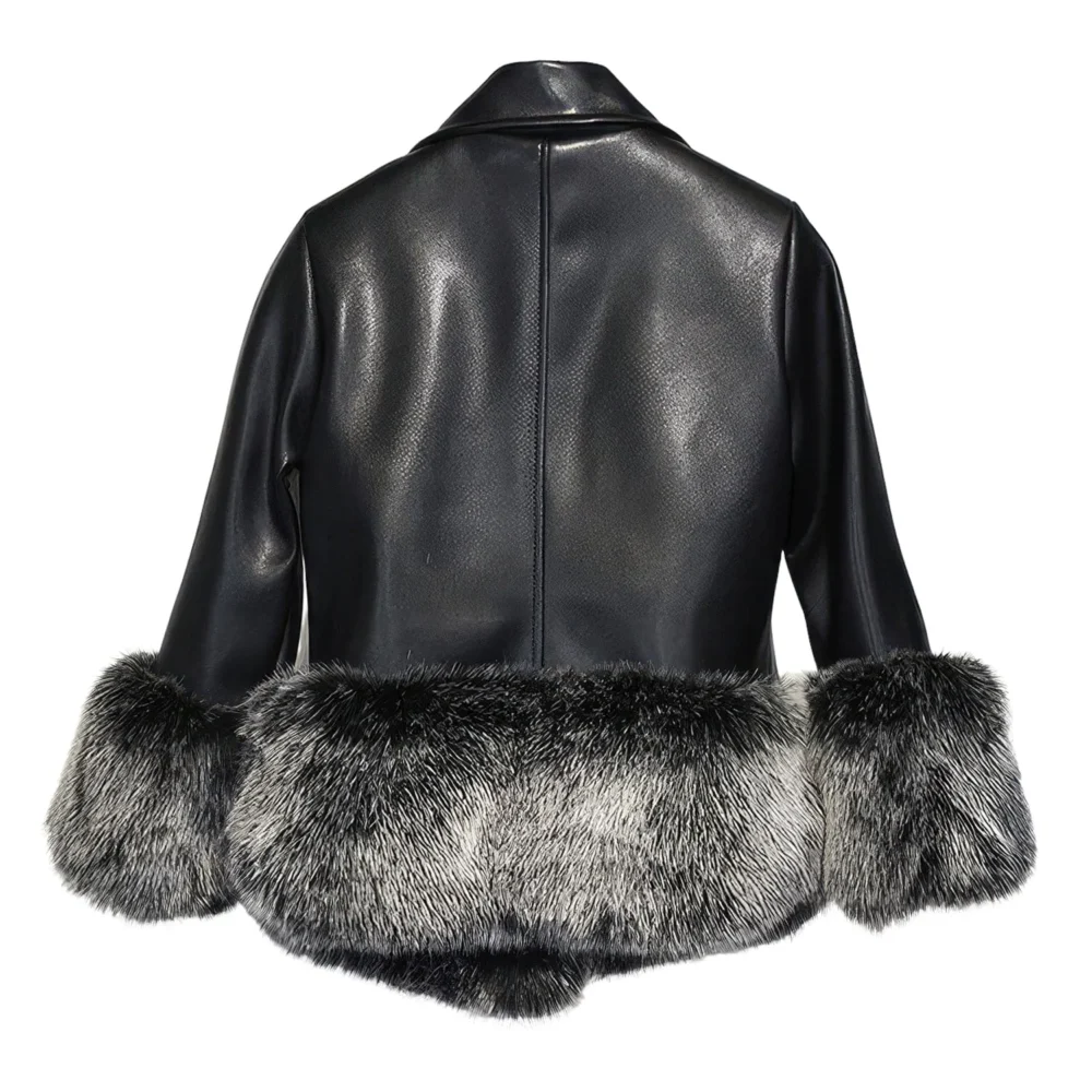 Womenâ€™s Black Genuine Sheepskin Sherpa Shearling Faux Fur Cuffs Fashionable Casual Classic Winter Warm Slim Fit Leather Jacket - Image 2