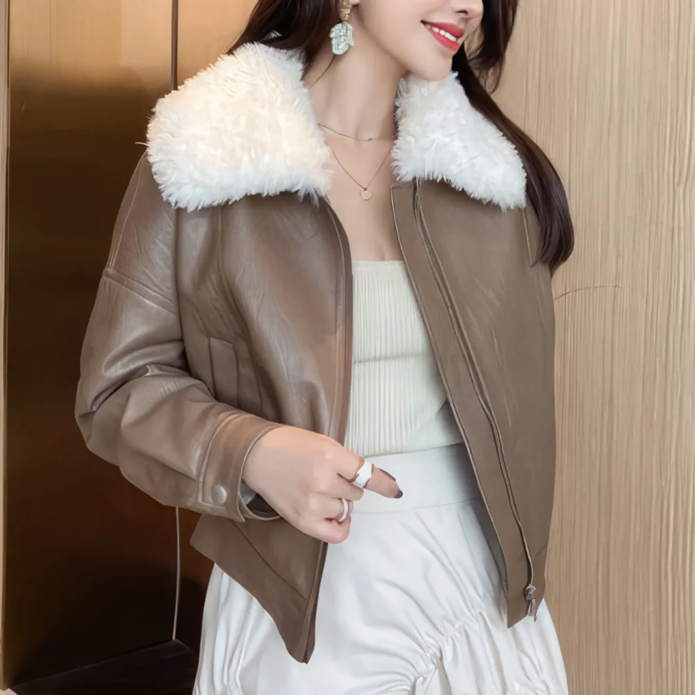 Womenâ€™s Brown Genuine Sheepskin Sherpa Shearling Faux Fur Lined Korean Style Oversized Winter Warm Motorcycle Leather Jacket