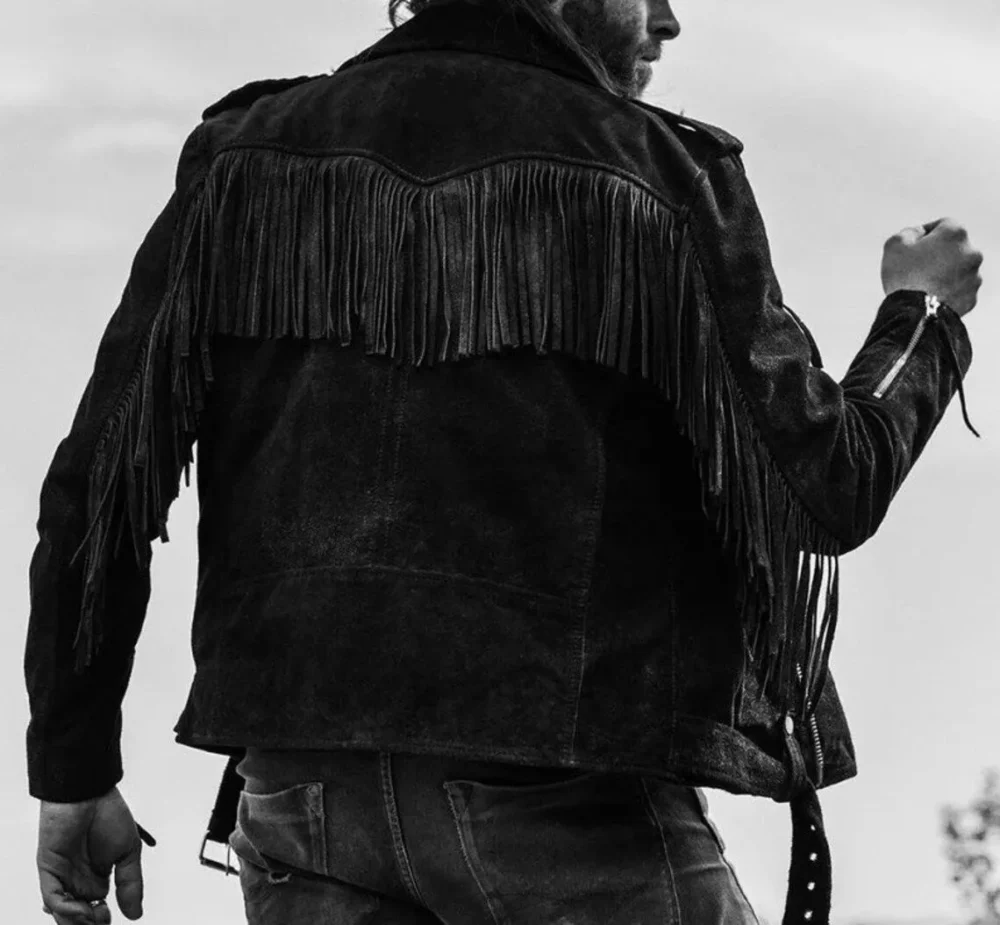 Men's Black Suede Fringe Style Jacket - Western Style Genuine Cow Leather, Tassel Accents, Cowboy Jacket - Image 2