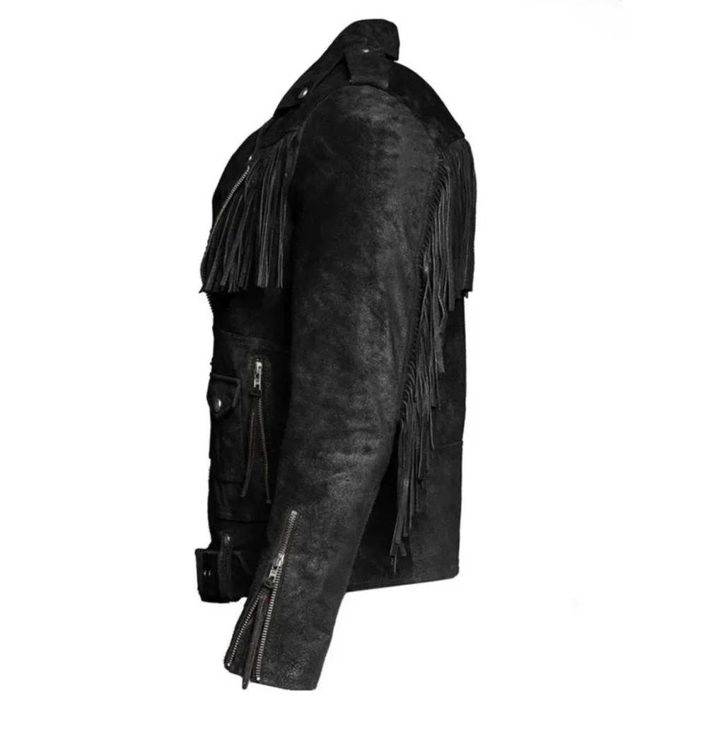 Men's Black Suede Fringe Style Jacket - Western Style Genuine Cow Leather, Tassel Accents, Cowboy Jacket - Image 3