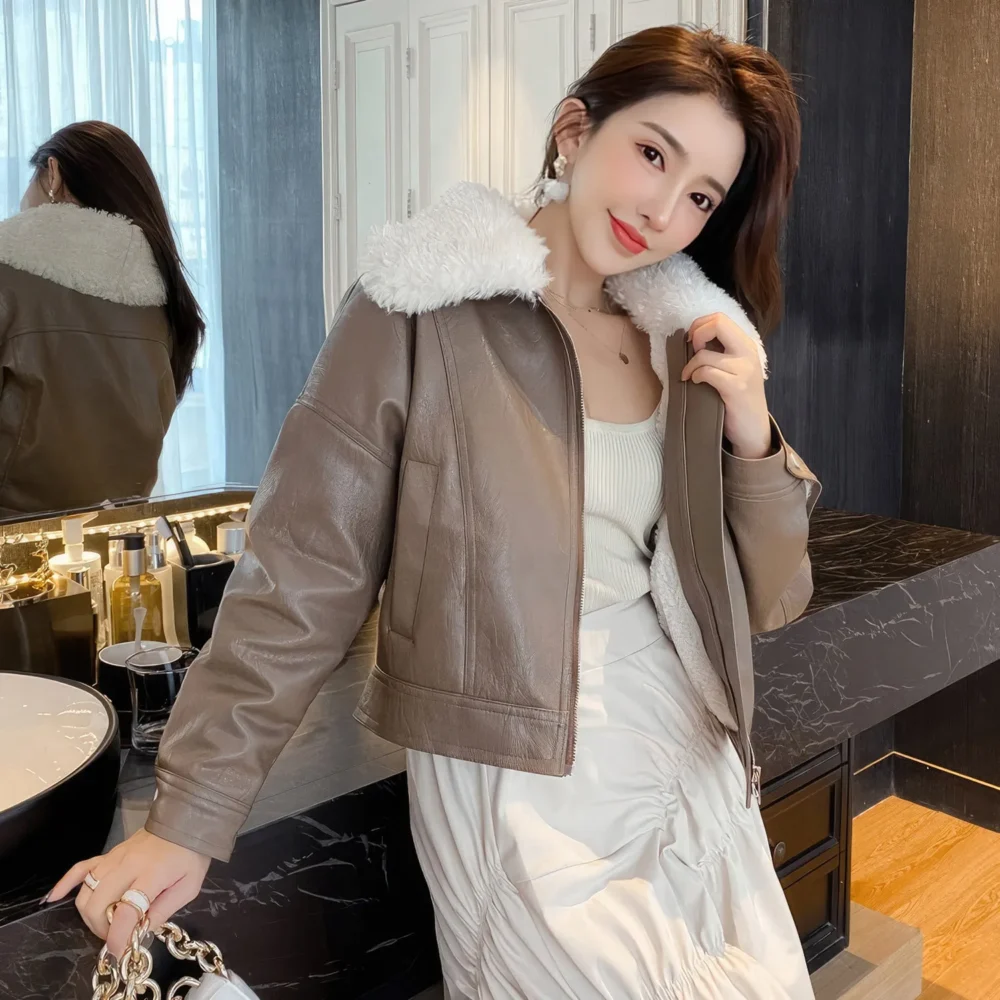 Womenâ€™s Brown Genuine Sheepskin Sherpa Shearling Faux Fur Lined Korean Style Oversized Winter Warm Motorcycle Leather Jacket - Image 3