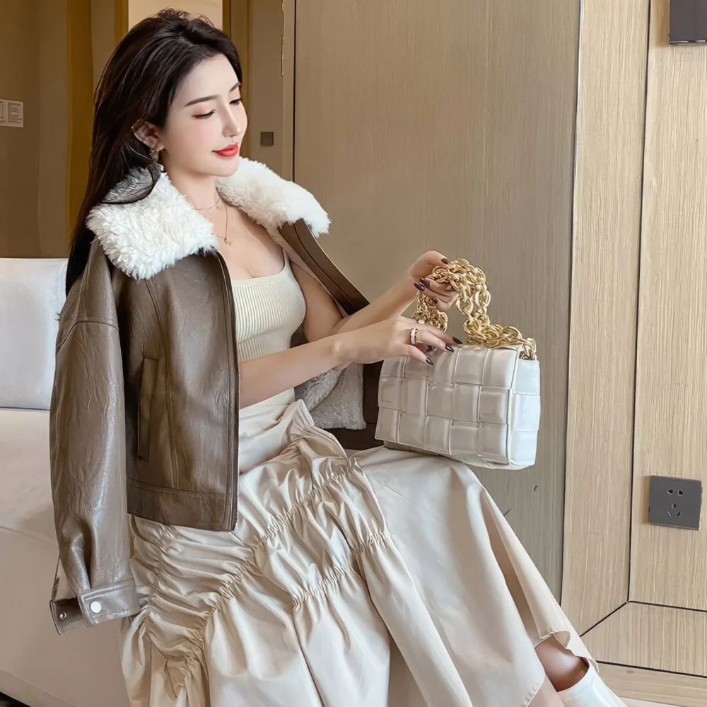 Womenâ€™s Brown Genuine Sheepskin Sherpa Shearling Faux Fur Lined Korean Style Oversized Winter Warm Motorcycle Leather Jacket - Image 4