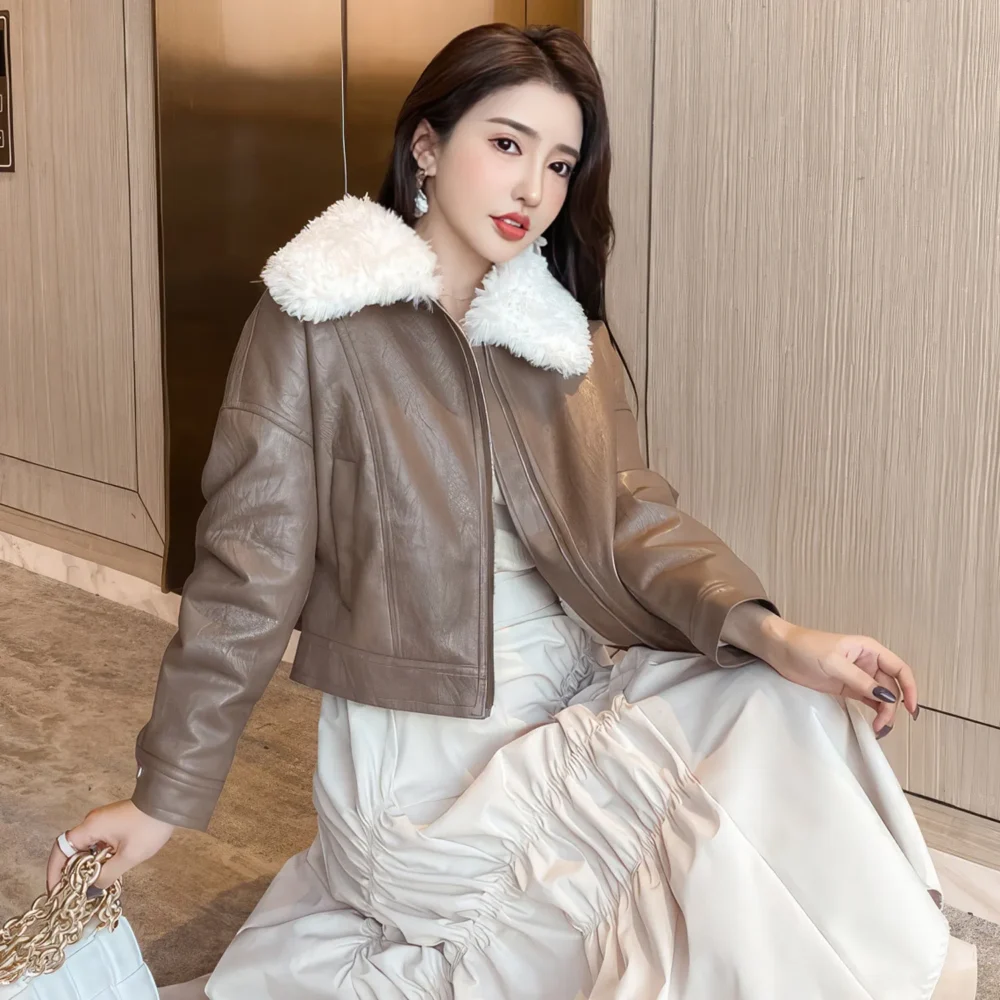 Womenâ€™s Brown Genuine Sheepskin Sherpa Shearling Faux Fur Lined Korean Style Oversized Winter Warm Motorcycle Leather Jacket - Image 5