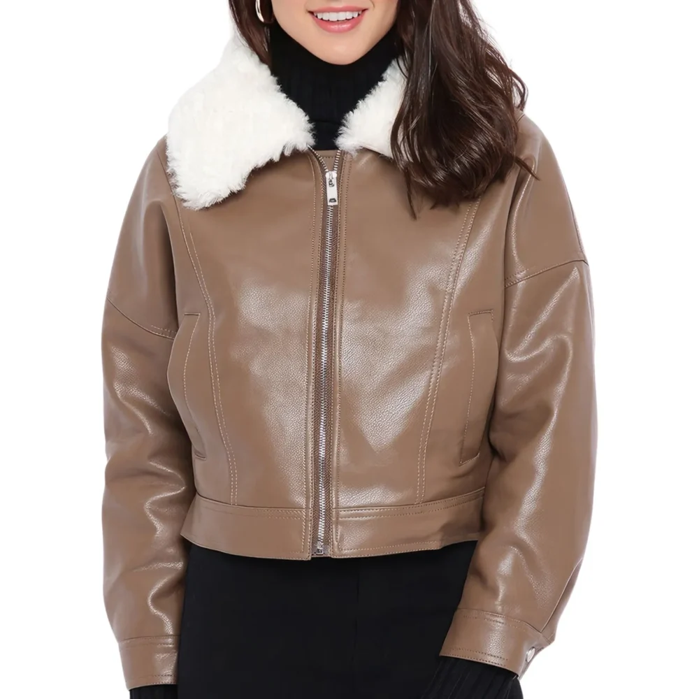 Womenâ€™s Brown Genuine Sheepskin Sherpa Shearling Faux Fur Lined Korean Style Oversized Winter Warm Motorcycle Leather Jacket - Image 6