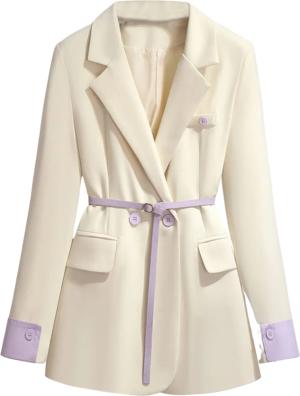 Womenâ€™s Off-White PU Faux Double Breasted Korean Style Classic Fashionable Purple Belted Casual Streetwear Office Leather Blazer