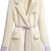 Womenâ€™s Off-White PU Faux Double Breasted Korean Style Classic Fashionable Purple Belted Casual Streetwear Office Leather Blazer