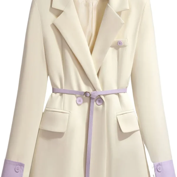 Womenâ€™s Off-White PU Faux Double Breasted Korean Style Classic Fashionable Purple Belted Casual Streetwear Office Leather Blazer
