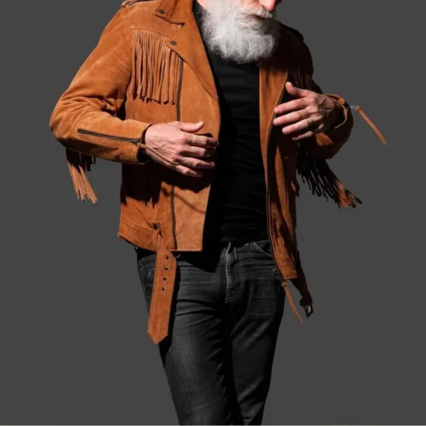 Men's Suede Leather Belted Jacket - Western Style Cowboy Fringe, Biker Fringe Jacket