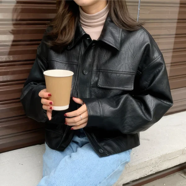 Womenâ€™s Black Genuine Sheepskin Drop Shoulders Casual Classic Motor Biker Racer Short Fashionable Lightweight Leather Jacket