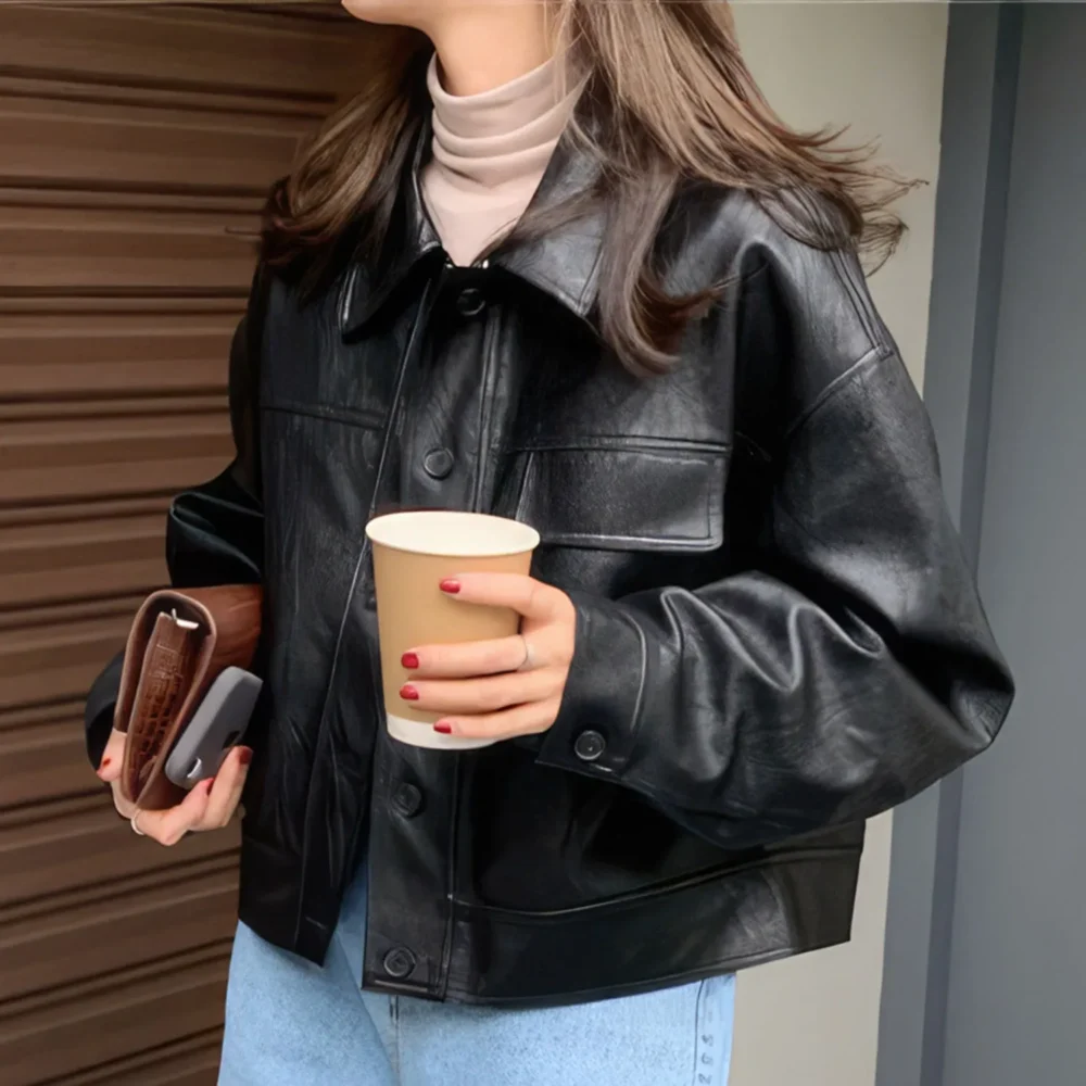 Womenâ€™s Black Genuine Sheepskin Drop Shoulders Casual Classic Motor Biker Racer Short Fashionable Lightweight Leather Jacket - Image 2