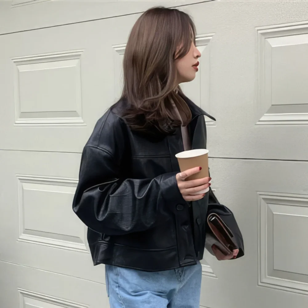 Womenâ€™s Black Genuine Sheepskin Drop Shoulders Casual Classic Motor Biker Racer Short Fashionable Lightweight Leather Jacket - Image 3