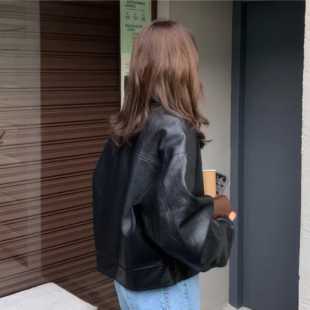 Womenâ€™s Black Genuine Sheepskin Drop Shoulders Casual Classic Motor Biker Racer Short Fashionable Lightweight Leather Jacket - Image 4