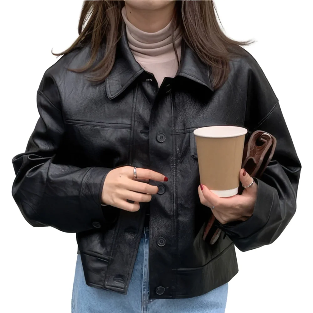 Womenâ€™s Black Genuine Sheepskin Drop Shoulders Casual Classic Motor Biker Racer Short Fashionable Lightweight Leather Jacket - Image 5