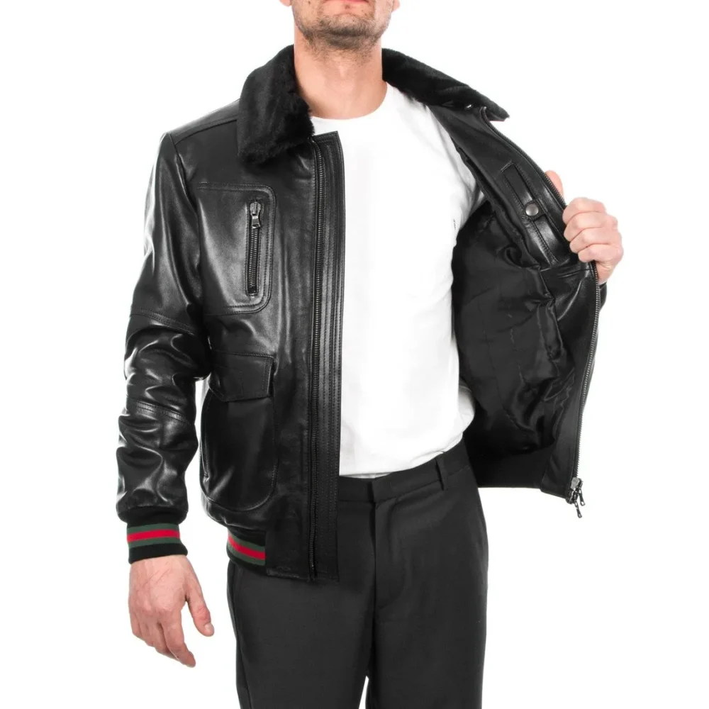 Handmade Men's Genuine Lambskin Leather Bomber Jacket with Removable Fur Collar - Image 6
