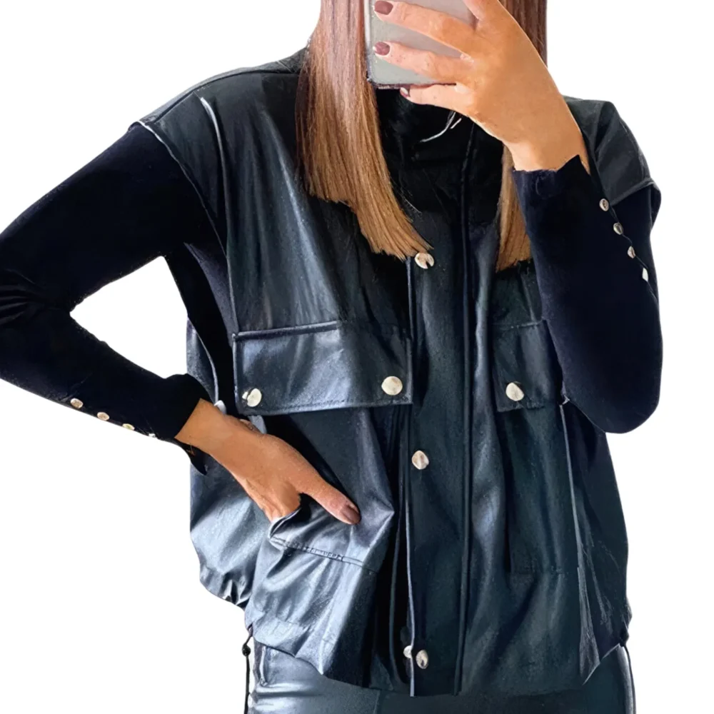 Womenâ€™s Black Biker Genuine Sheepskin Stand Collar Sleeveless Vest Moto CafÃ© Racer Casual Loose Leather Waistcoat