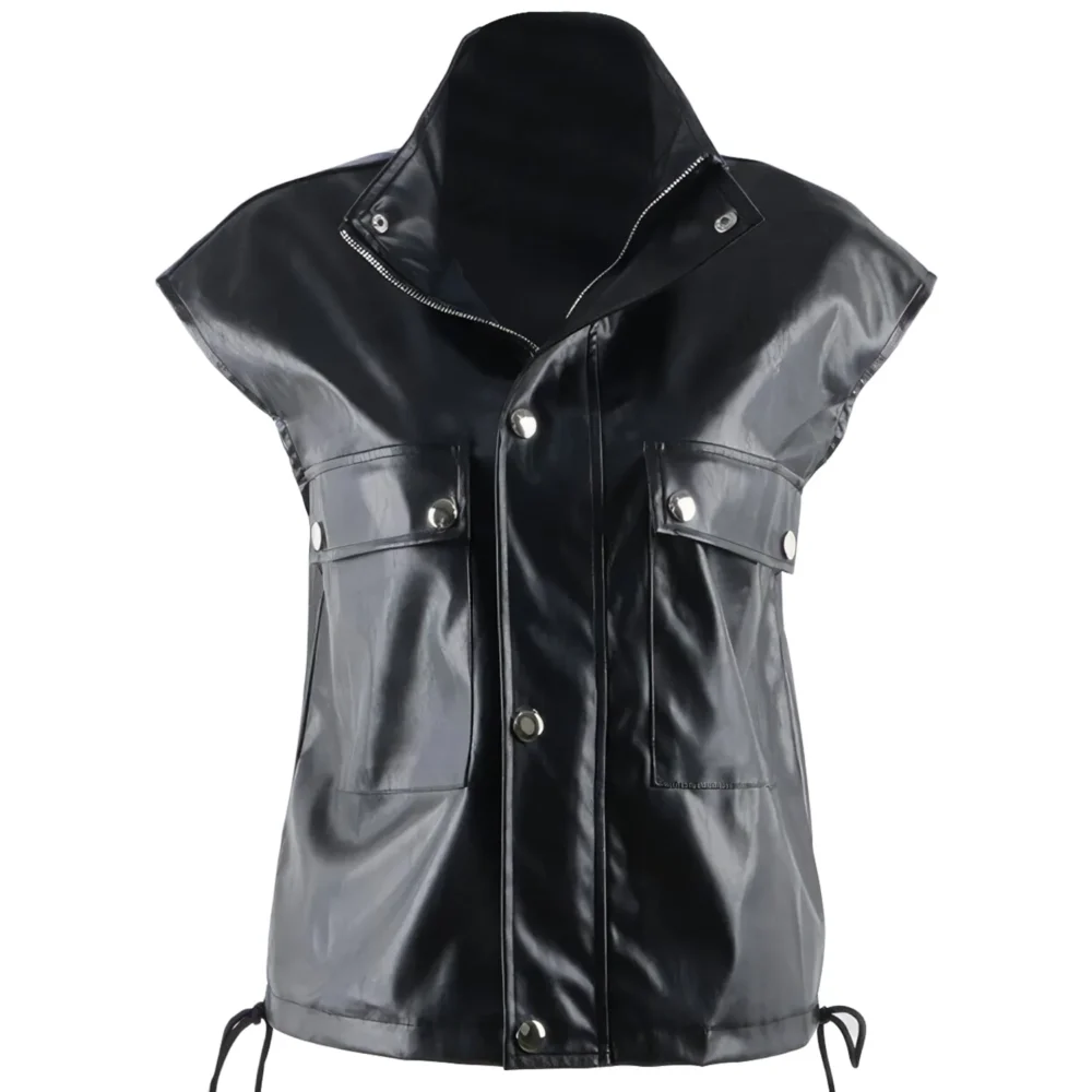 Womenâ€™s Black Biker Genuine Sheepskin Stand Collar Sleeveless Vest Moto CafÃ© Racer Casual Loose Leather Waistcoat - Image 2