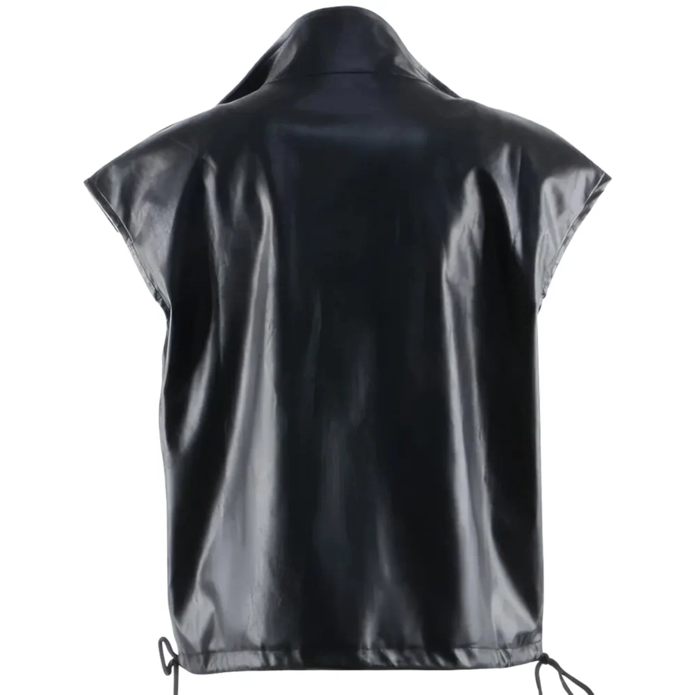 Womenâ€™s Black Biker Genuine Sheepskin Stand Collar Sleeveless Vest Moto CafÃ© Racer Casual Loose Leather Waistcoat - Image 3