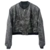 Womens Vintage Grey Bomber Genuine Sheepskin Cropped Fashion Classic Sporty Zip-Up Outfit Short Loose Casual Smooth Leather Jacket