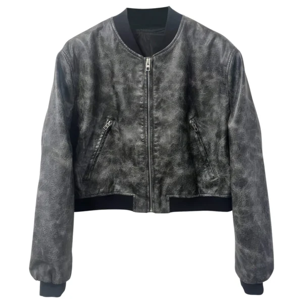 Womenâ€™s Vintage Grey Bomber Genuine Sheepskin Cropped Fashion Classic Sporty Zip-Up Outfit Short Loose Casual Smooth Leather Jacket