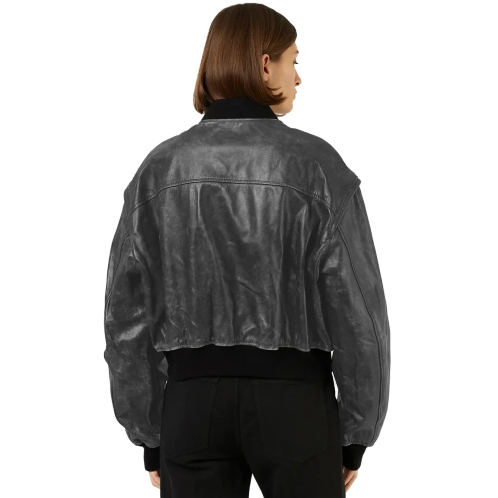 Womenâ€™s Vintage Grey Bomber Genuine Sheepskin Cropped Fashion Classic Sporty Zip-Up Outfit Short Loose Casual Smooth Leather Jacket - Image 2