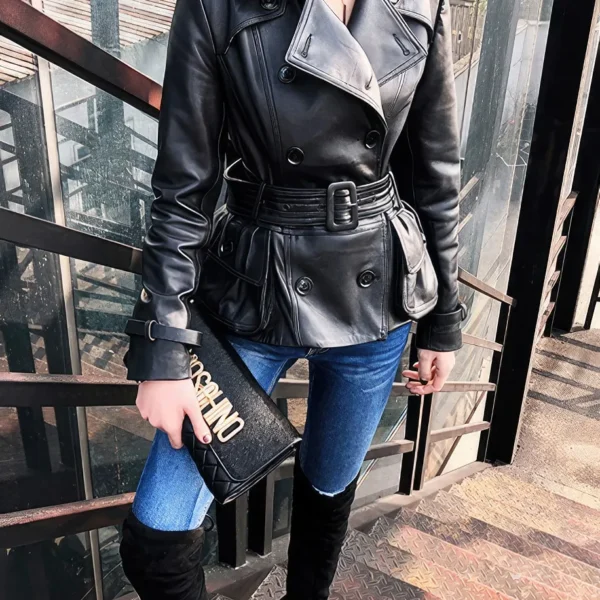 Womenâ€™s Black Genuine Sheepskin Double Breasted Classic Moto Racing High-Street Style Belted Short Leather Trench Coat