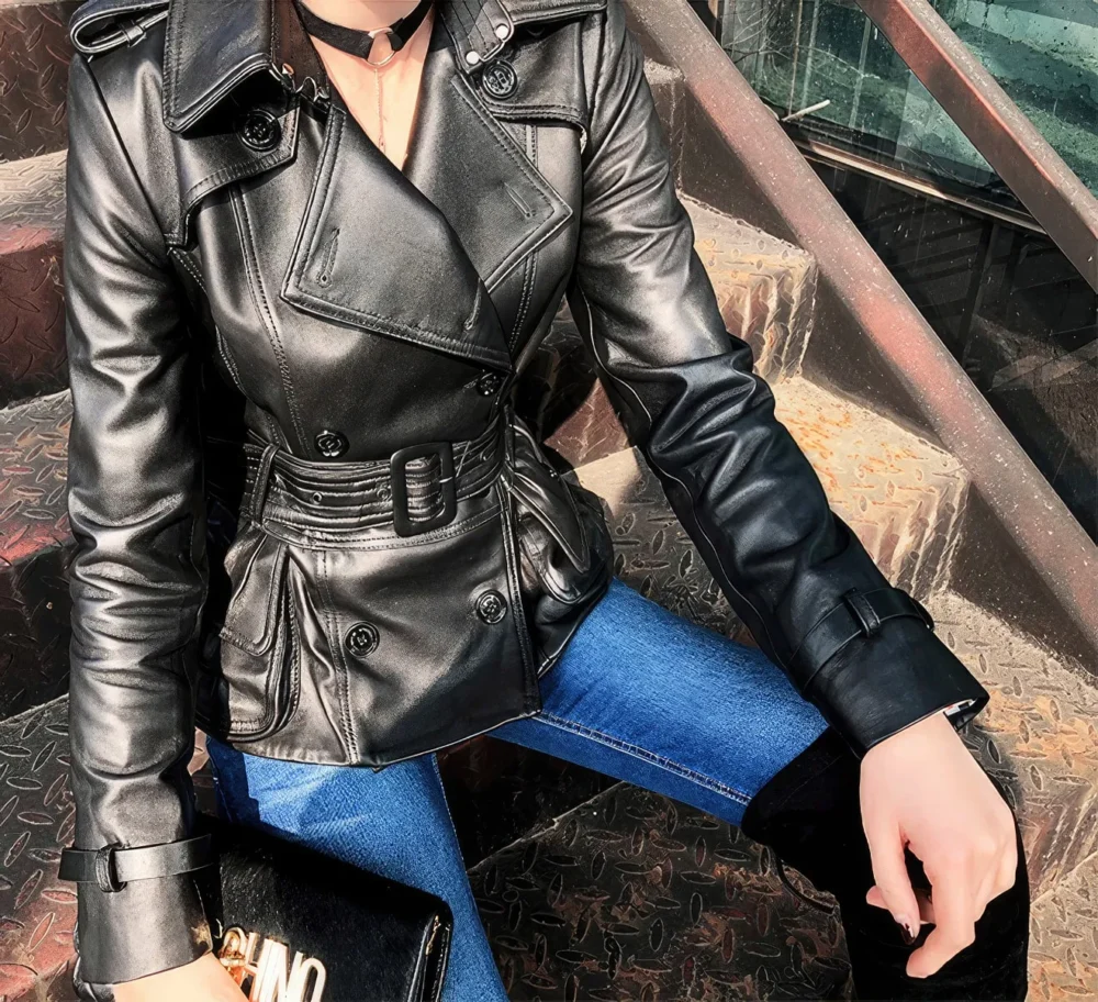 Womenâ€™s Black Genuine Sheepskin Double Breasted Classic Moto Racing High-Street Style Belted Short Leather Trench Coat - Image 2
