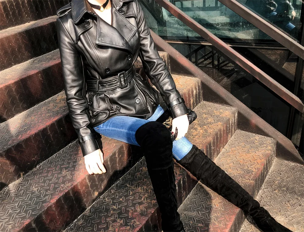 Womenâ€™s Black Genuine Sheepskin Double Breasted Classic Moto Racing High-Street Style Belted Short Leather Trench Coat - Image 3
