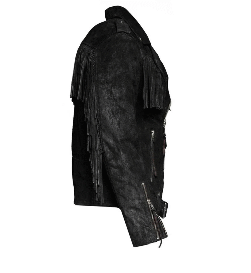 Men's Black Suede Fringe Style Jacket - Western Style Genuine Cow Leather, Tassel Accents, Cowboy Jacket - Image 4