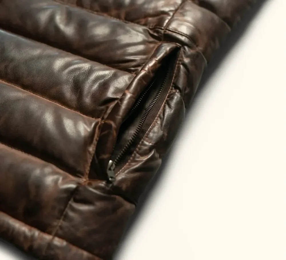 Brown Sheepskin Men's Puffer Leather Jacket - Stylish and Warm Outerwear - Image 4