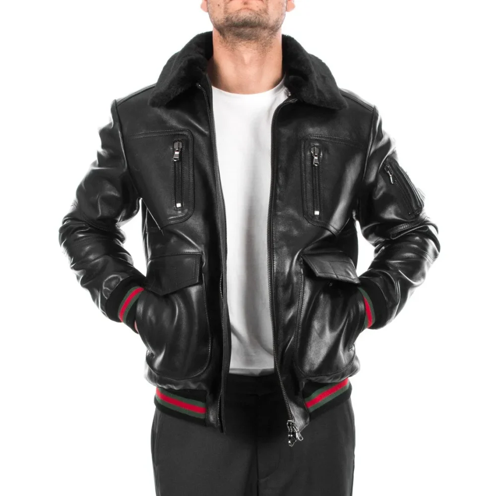 Handmade Men's Genuine Lambskin Leather Bomber Jacket with Removable Fur Collar - Image 4