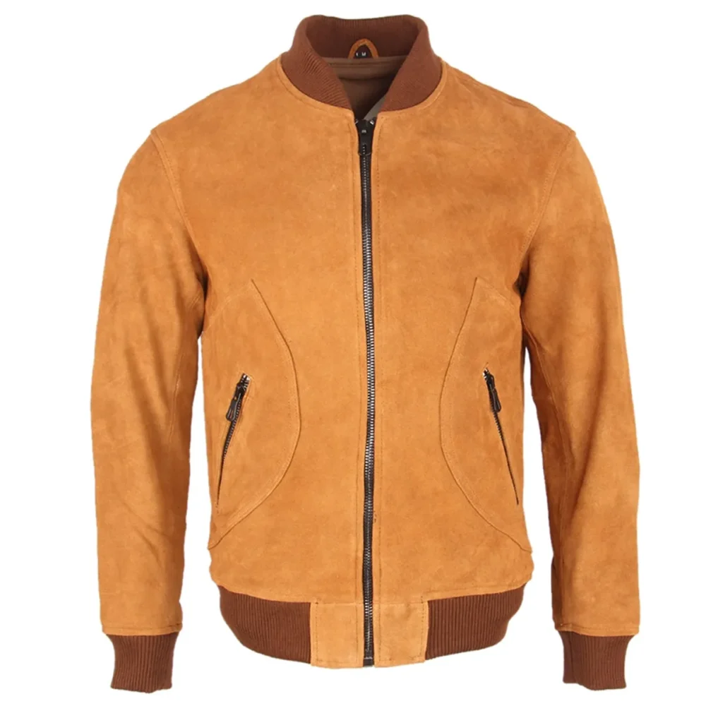 Menâ€™s Brown Biker Bomber Genuine Suede Motorcycle Riding Casual Classic Uniform Smooth Winter Warm Leather Jacket