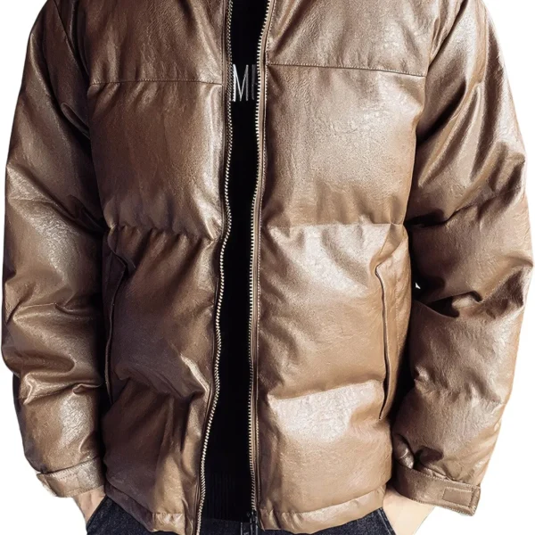 Menâ€™s Coffee Genuine Sheepskin Stand Collar Winter Warm Casual Baggy Style Padded Puffer Leather Jacket