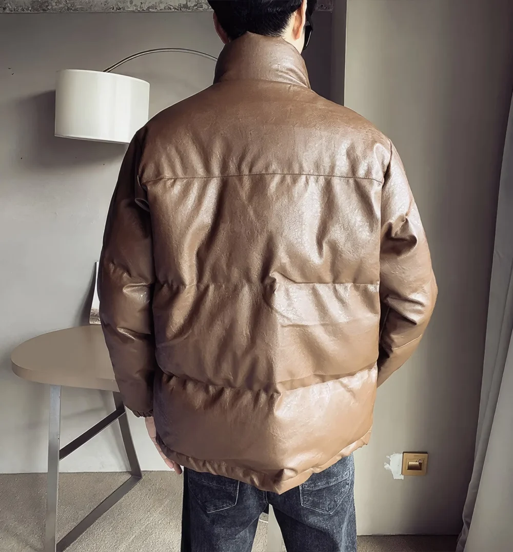 Menâ€™s Coffee Genuine Sheepskin Stand Collar Winter Warm Casual Baggy Style Padded Puffer Leather Jacket - Image 2