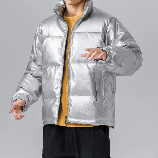 Menâ€™s Grey Genuine Sheepskin Stand Collar Winter Warm Casual Baggy Style Padded Puffer Leather Jacket