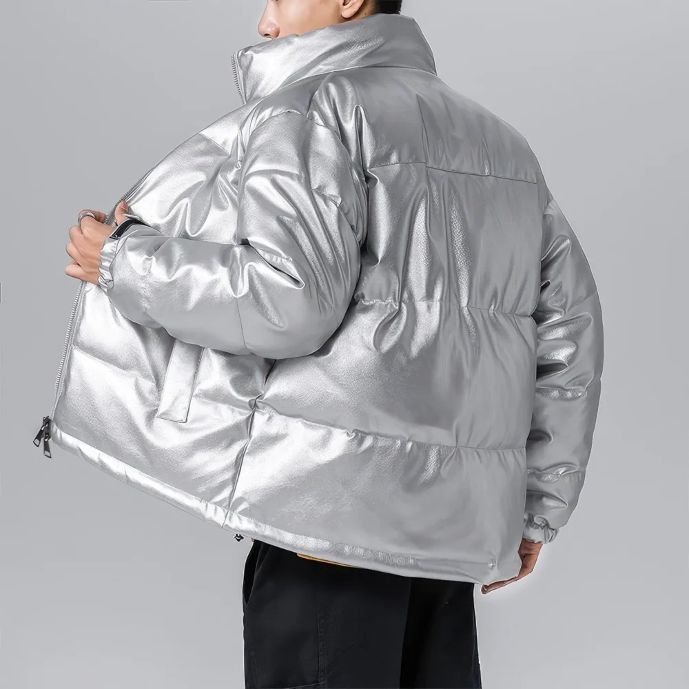 Menâ€™s Grey Genuine Sheepskin Stand Collar Winter Warm Casual Baggy Style Padded Puffer Leather Jacket - Image 2