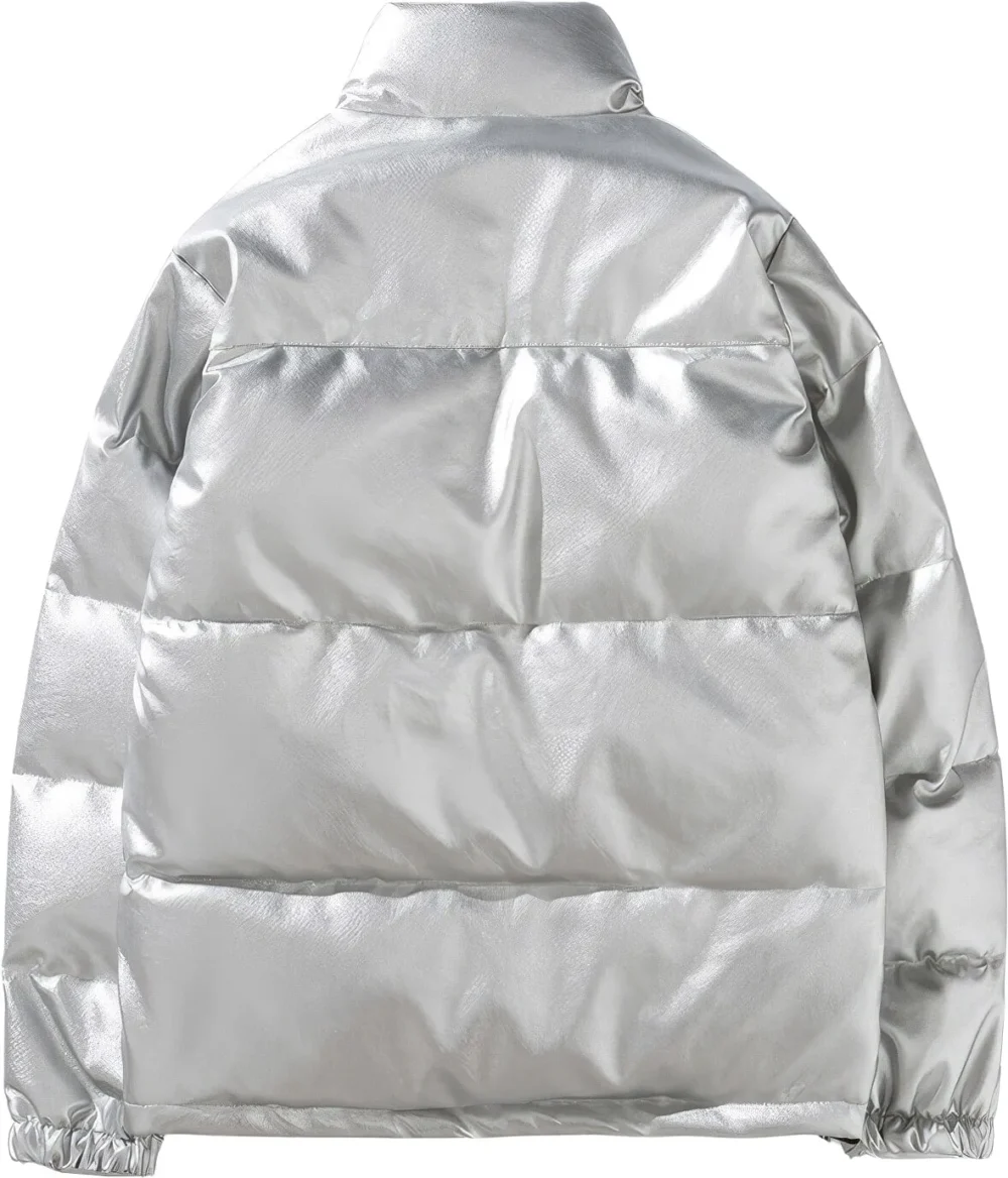 Menâ€™s Grey Genuine Sheepskin Stand Collar Winter Warm Casual Baggy Style Padded Puffer Leather Jacket - Image 4