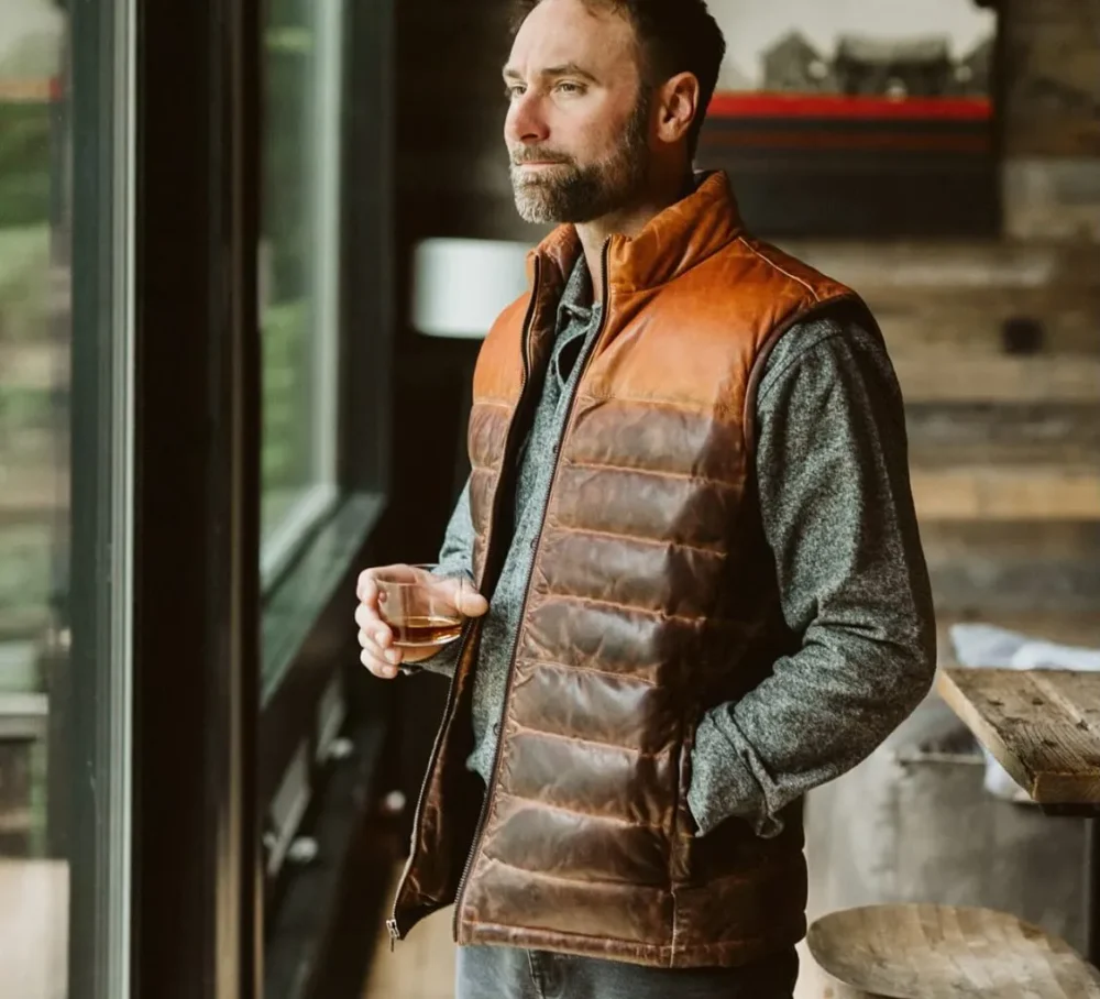 Brown Sheepskin Men's Puffer Leather Jacket - Stylish and Warm Outerwear - Image 5