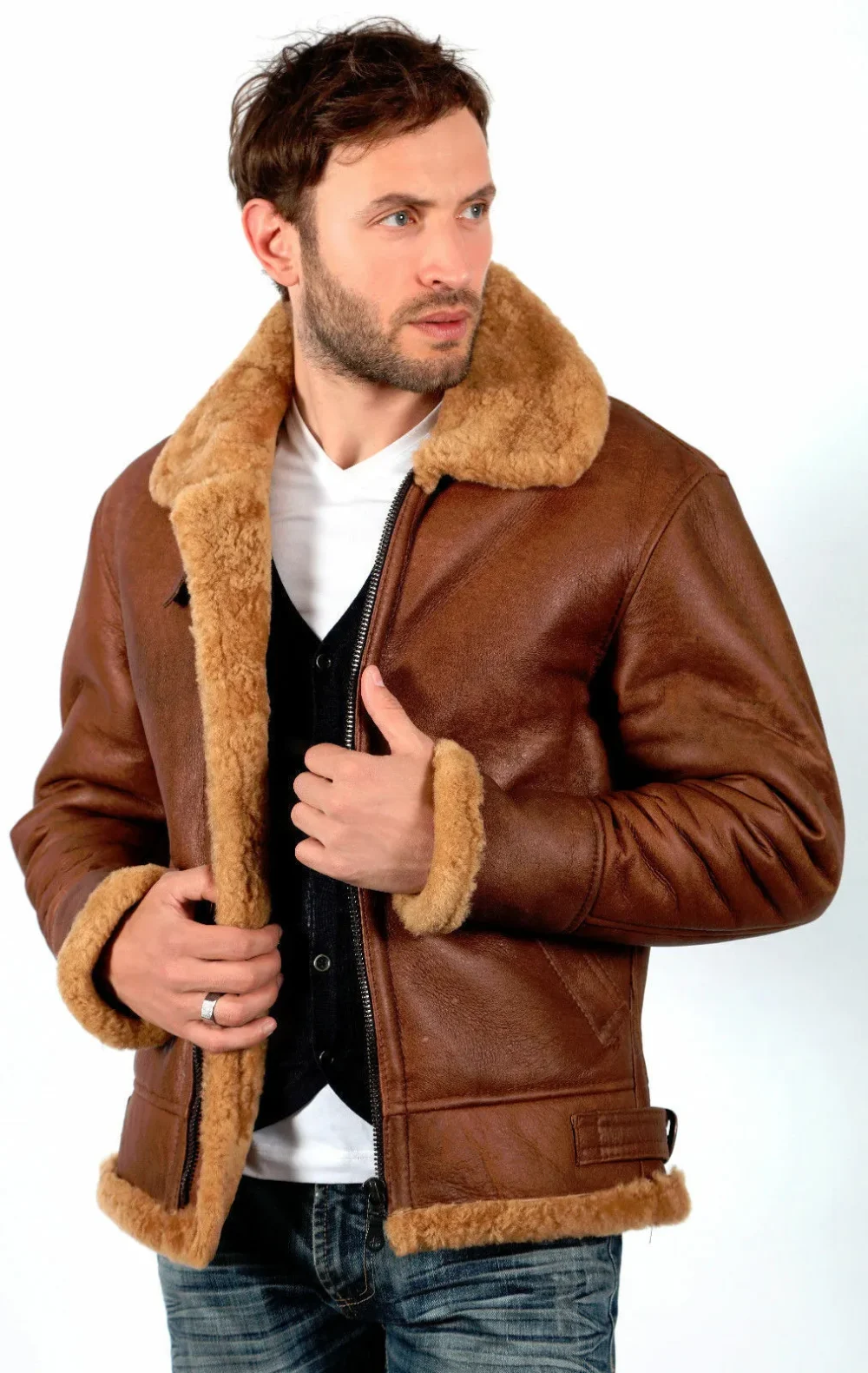 Men's Brown Aviator Genuine Shearling Leather Bomber Jacket - Fur Collar Upper Coat - Image 2