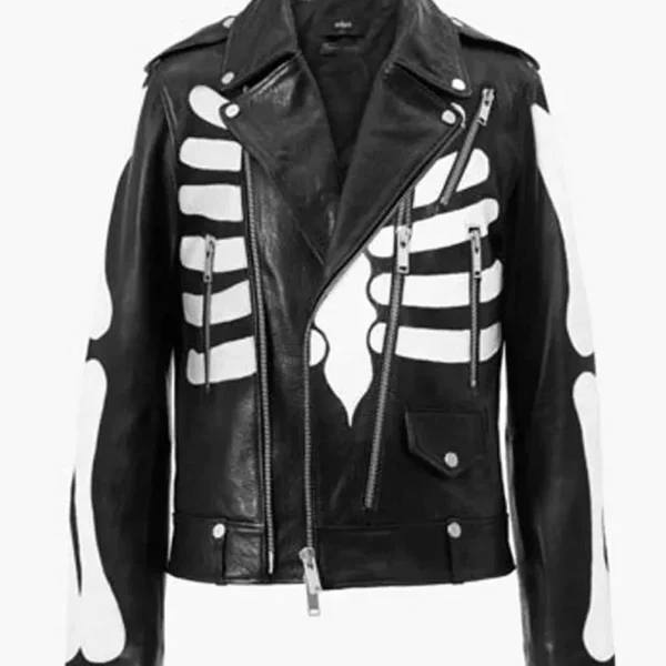 Handmade Men's Black Skeleton Motorcycle Jacket - Genuine Cowhide Leather
