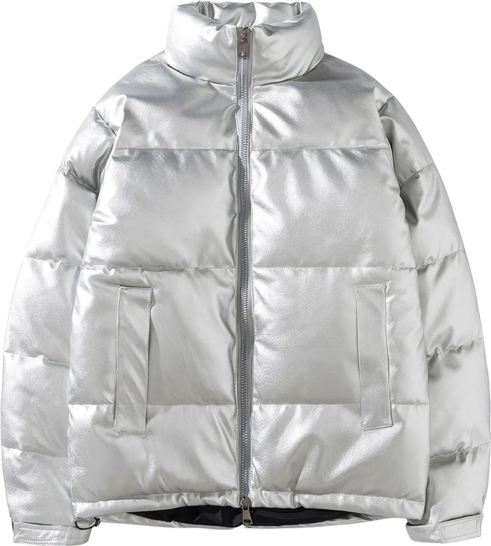 Menâ€™s Grey Genuine Sheepskin Stand Collar Winter Warm Casual Baggy Style Padded Puffer Leather Jacket - Image 3