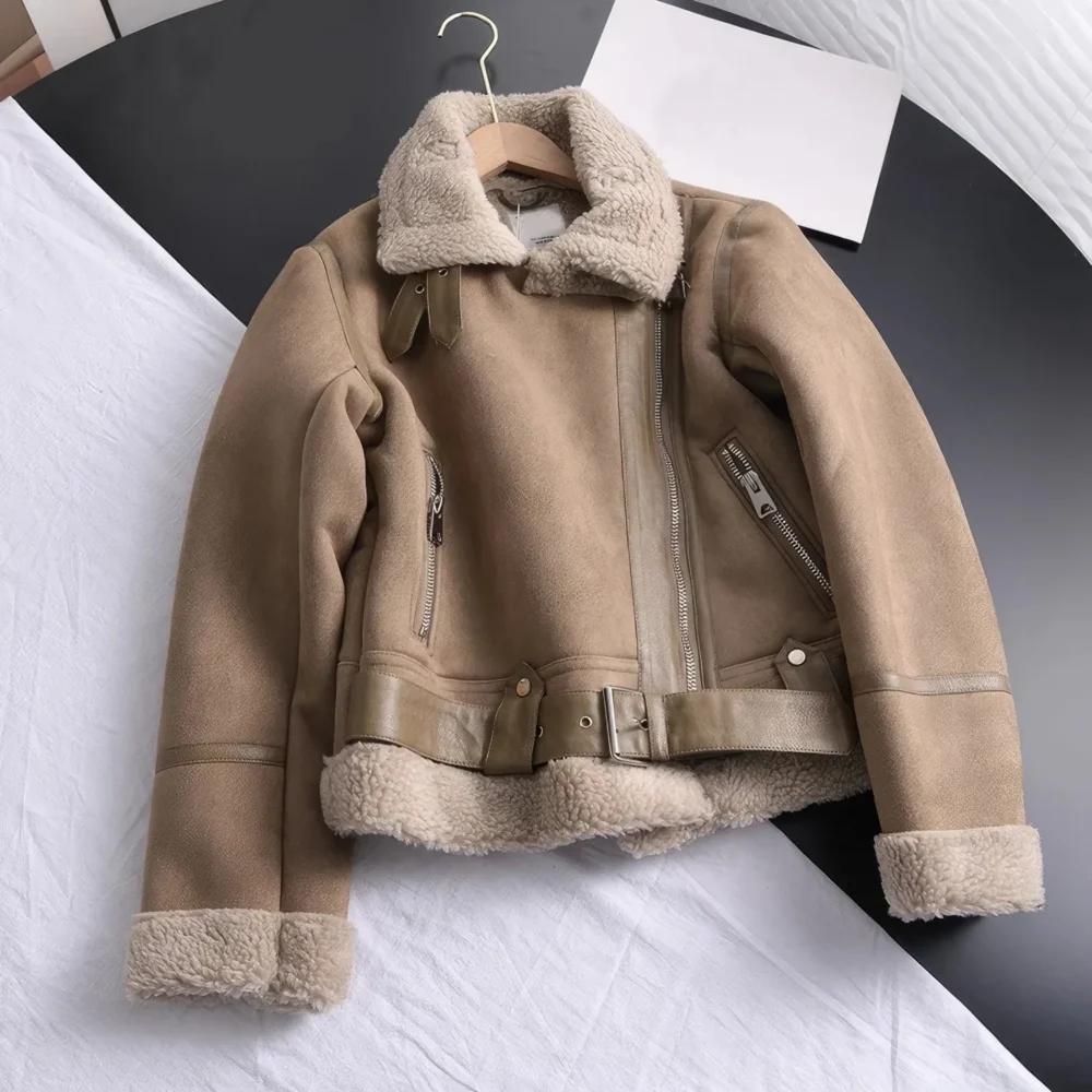 Womenâ€™s Brown Vintage Genuine Suede Lambskin Crossover Lapel Collar Sherpa Shearling Faux Fur Lined Sporty Moto Biker Asymmetric Leather Jacket - Image 2