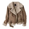 Womenâ€™s Brown Vintage Genuine Suede Lambskin Crossover Lapel Collar Sherpa Shearling Faux Fur Lined Sporty Moto Biker Asymmetric Leather Jacket