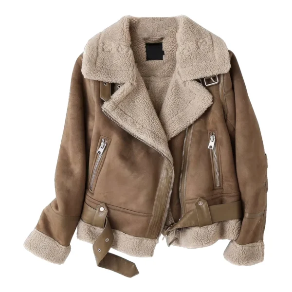 Womenâ€™s Brown Vintage Genuine Suede Lambskin Crossover Lapel Collar Sherpa Shearling Faux Fur Lined Sporty Moto Biker Asymmetric Leather Jacket