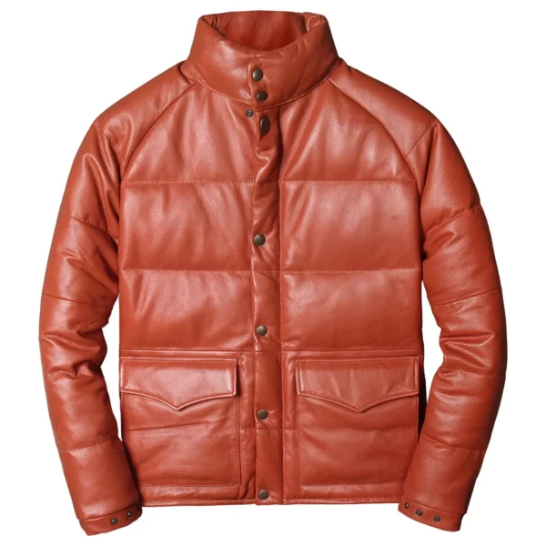 Menâ€™s Rust Genuine Sheepskin High Neck Padded Thick Winter Warm Casual Baggy Sporty Puffer Leather Jacket