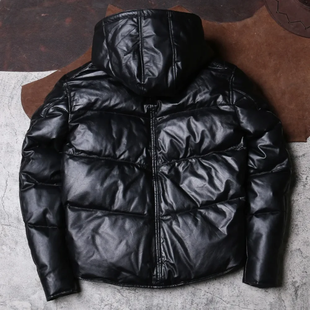 Menâ€™s Black Genuine Sheepskin Removable Hood Padded Fashionable Warm Outfit Winter Puffer Leather Jacket - Image 2