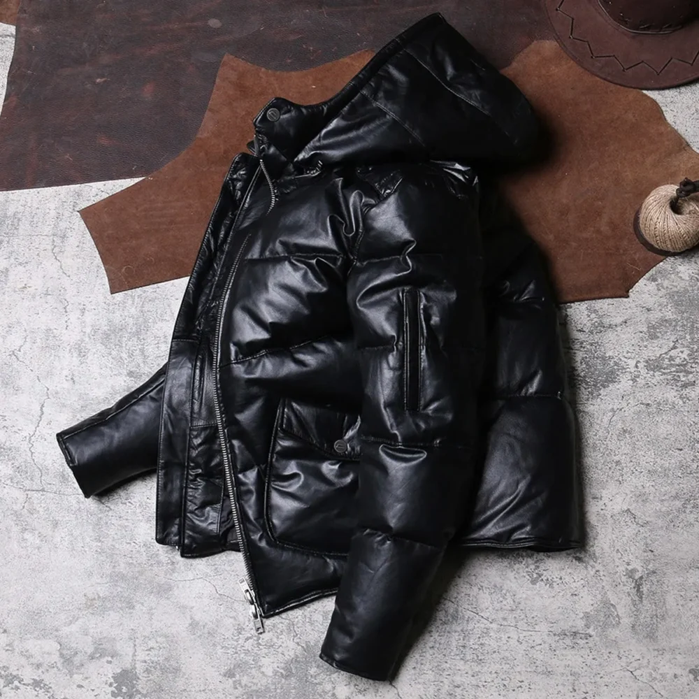 Menâ€™s Black Genuine Sheepskin Removable Hood Padded Fashionable Warm Outfit Winter Puffer Leather Jacket - Image 3
