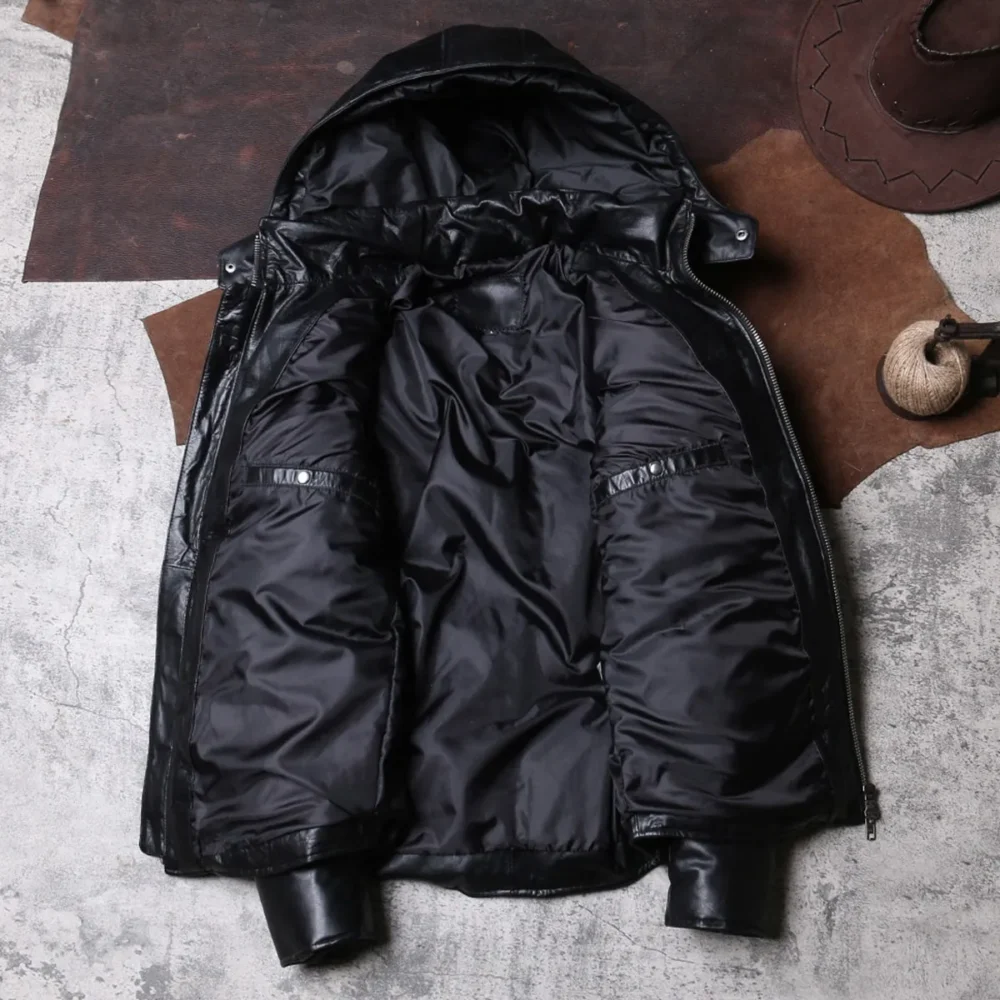 Menâ€™s Black Genuine Sheepskin Removable Hood Padded Fashionable Warm Outfit Winter Puffer Leather Jacket - Image 4