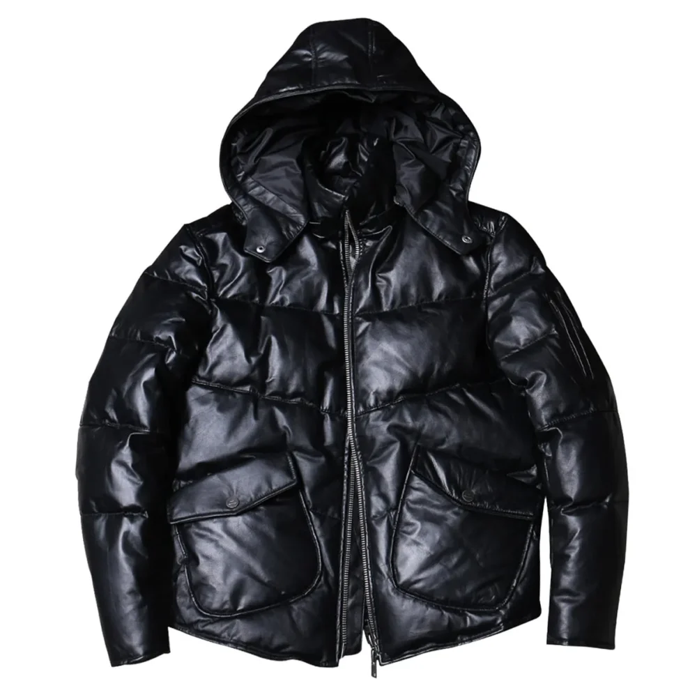 Menâ€™s Black Genuine Sheepskin Removable Hood Padded Fashionable Warm Outfit Winter Puffer Leather Jacket